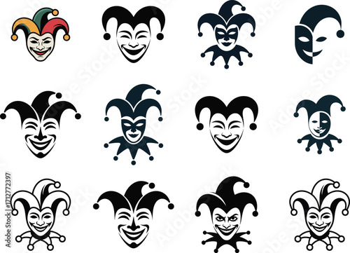 Collection of jester masks with varied expressions and colors face icon