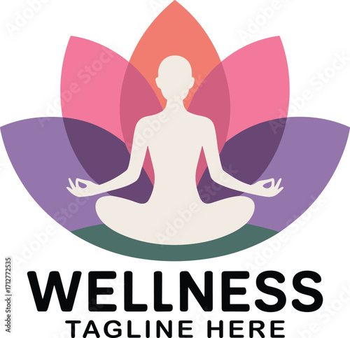 Silhouette person meditating in lotus pose with colorful layered petals meditation
