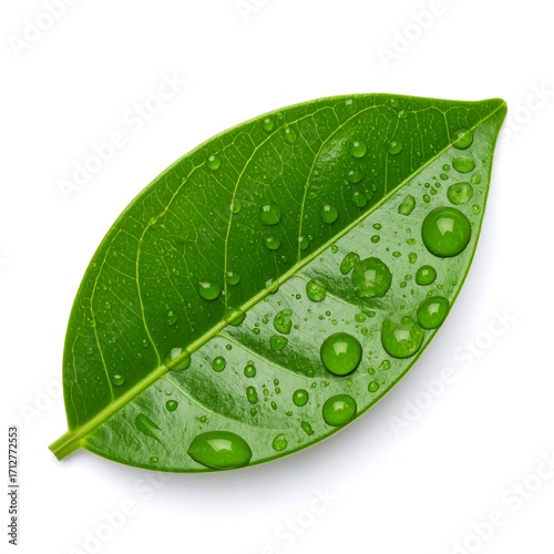 Single green leaf with water droplets