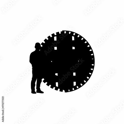 Silhouette of operator near massive circular tbm cutter opening isolated on white background