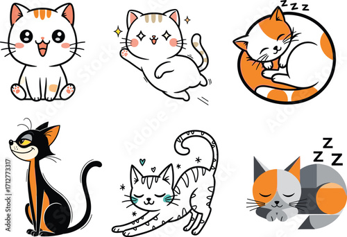 Adorable Kawaii Cartoon Cats – Cute Playful, Sleeping, Stretching Kitty Poses and Faces – Children’s Vector Illustration Set for Content