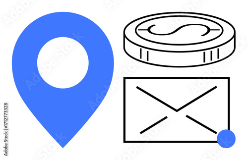 Blue location pin, envelope with notification, coin representing financial transaction. Ideal for communication, navigation, payment systems, business apps, delivery, digital services simple flat