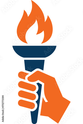 Orange hand holding blue torch with orange flame fire