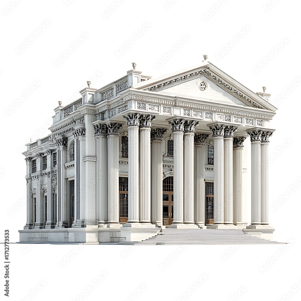 Fototapeta premium Grand neoclassical building with majestic columns and architectural details isolated on white background