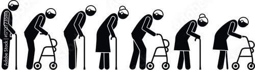 Elderly silhouette, aging process, mobility aid icons, senior figures, walker and cane, health decline, physical aging, retirement life, old age support, medical illustration