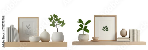 3d render of a simple shelf with a picture, books, and a ceramic vase on a white background, in a minimalistic style