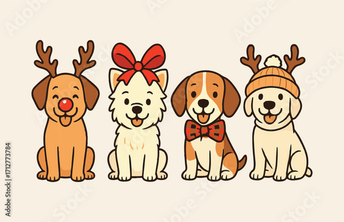 Adorable Christmas Dogs Vector Illustration – Festive Holiday Art, Cute Dog Clipart Bundle with Santa Hats, Antlers & Holiday Accessories, Christmas Dog PNG Transparent – Funny Festive Vector Art