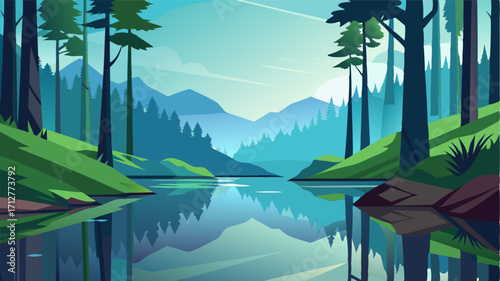 A picturesque forest with tall trees reflected in the crystalclear waters of the river creating a mirrorlike effect.