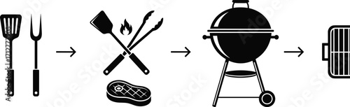 Grilling icons, barbecue tools, cooking process, spatula and fork, steak preparation, charcoal grill, smoker vent, outdoor cooking, meat grilling, BBQ illustration, kitchen symbols