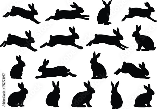 Black rabbit silhouette illustration set, animal vector design, bunny poses collection, wildlife art icons, leaping, sitting, running, lying down