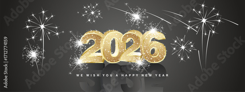 We wish you Happy New Year 2026. New modern 3d concept design. Golden luminous glittering gold 3D 2026 with 2025 in shadows and stars sparkling fireworks on black background