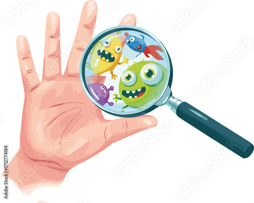 Human hand, magnifying glass, cartoon germs, microbes, hygiene concept, skin bacteria, colorful illustration, invisible pathogens, health awareness, infection risk, 