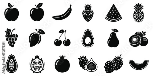 Assortment of black and white fruit icons with a watermelon slice and a pineapple character symbol food