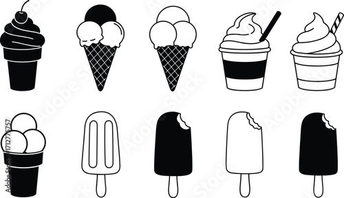 Assortment of ice cream cones and popsicles in black and white on white background Keywords: ice cream, popsicle, cone, frozen