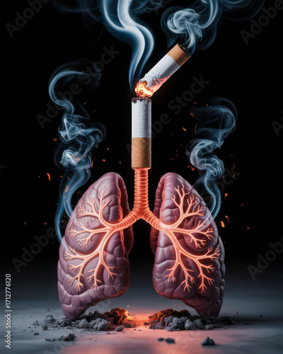 Surreal conceptual art of cigarette transforming into burning human lungs, fiery veins, dramatic smoke, cinematic lighting, ultra-realistic, thought-provoking masterpiece
