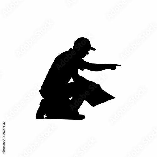 Silhouette of roofing installer pointing at joint isolated on white background