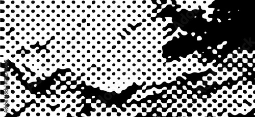 This image features a high-contrast black and white abstract design, mixing smooth black shapes with areas filled with evenly spaced black dots, creating a visually striking halftone effect