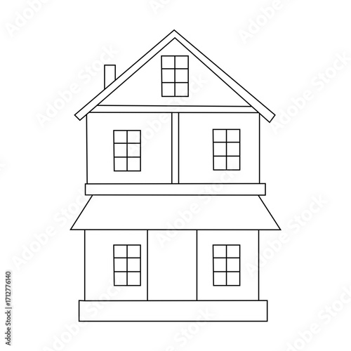 A black and white line drawing of a charming cottage.