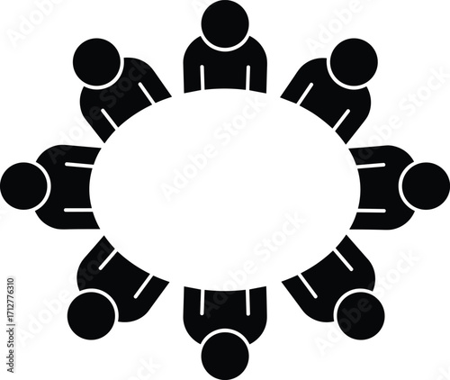 Black and White Icon of Eight People Sitting Around an Oval Table in a Meeting group discussion