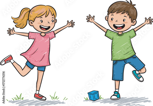 Cute children drawing with chalk outdoors, happy boy and girl playing together, creative kids activity, summer fun, childhood art, smiling faces