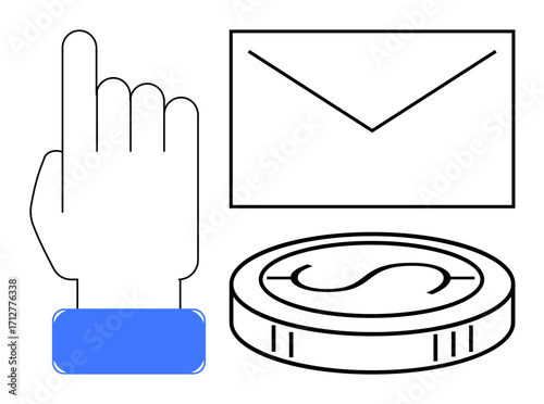 Hand gesture, envelope, and coin symbolizing online transactions, digital communication, and action calls. Ideal for payment processing, marketing, communication, e-commerce notifications fintech