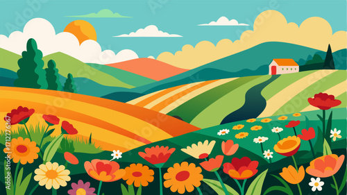A peaceful countryside vista with fields of marigolds gladioli and daisies painting a lively mosaic of colors.