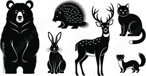 Black and white animal silhouette set featuring bear, porcupine, deer, cat, rabbit, ferret, isolated wildlife mammals for nature illustration design