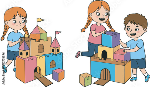 Happy children building block castle together, boy and girl playing with colorful toys, creative kids activity, teamwork, fun learning, childhood playtime