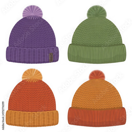  Collection of four knitted wool hats in spring and autumn colors isolated on white and transparent background