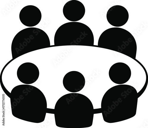 Black silhouette of six people sitting around a round table for discussion group meeting