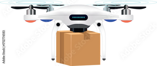 Futuristic autonomous white Drone with LED lights, transporting a box for fast and secure aerial delivery service. Isolated, transparent background. Artificial Intelligence, robot
