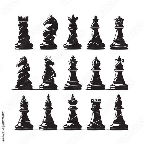 Black chess pieces stylized rook knight