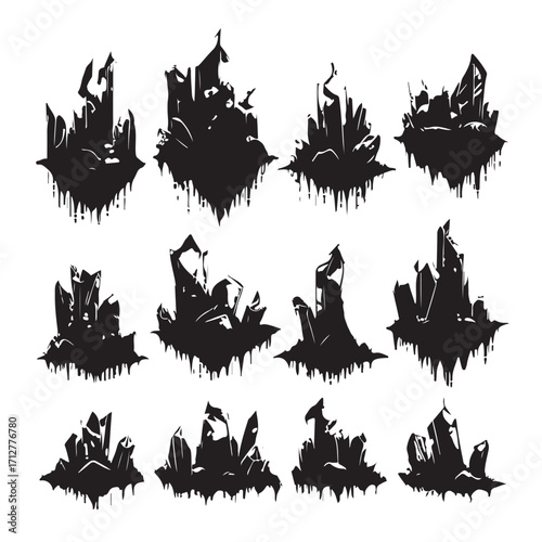 Black crystal formations dripping rock mineral