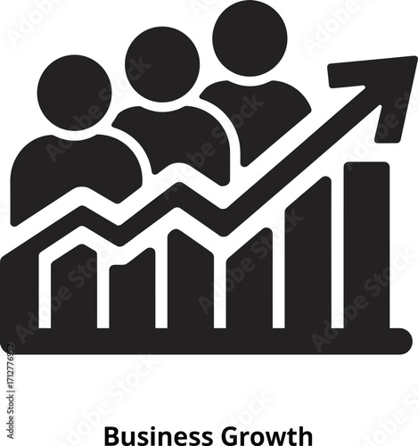 Business growth chart with people icons and upward trending arrow on white background Keywords: business, growth, chart, graph