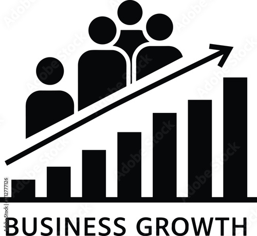 Business growth concept with people icons and upward trending bar graph and arrow Keywords: business, growth, success, progress
