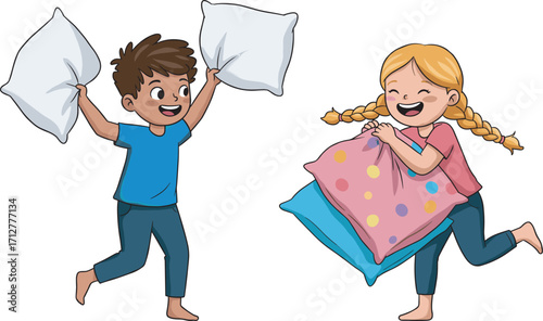 Happy children playing pillow fight at home, fun childhood activity, kids laughing together, indoor game, joyful siblings, energetic playtime