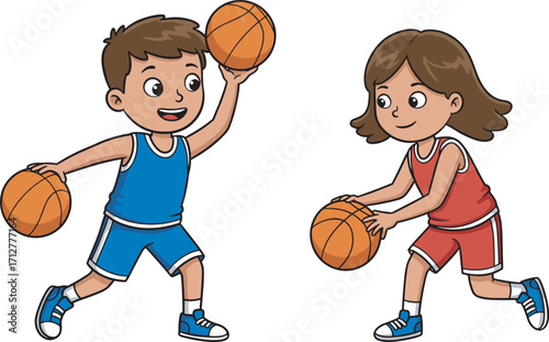 Happy children playing basketball together, boy and girl enjoying outdoor sports, kids dribbling and shooting ball, fun activity, fitness, teamwork, exercise