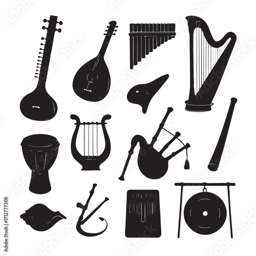 Diverse musical instruments collection silhouette harp