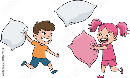 Happy children playing pillow fight at home, fun childhood activity, kids laughing together, indoor game, joyful siblings, energetic playtime