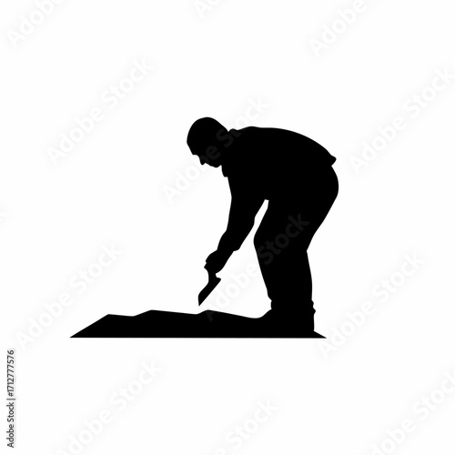 Roofing worker silhouette bending sheet edge with tool isolated on white background