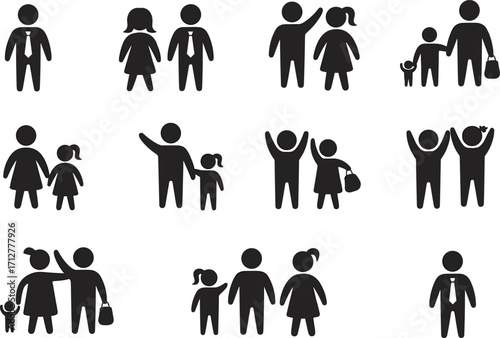 Collection of Black Family and People Icons on White Background Keywords: family, people, icon, silhouette, man, woman, child