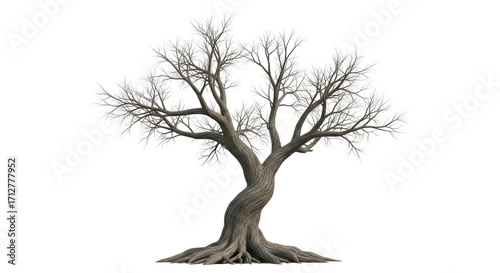 Isolated bare deciduous tree, natural element for landscape, autumn or winter time design