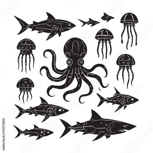 Octopus sharks jellyfish marine life sea creatures