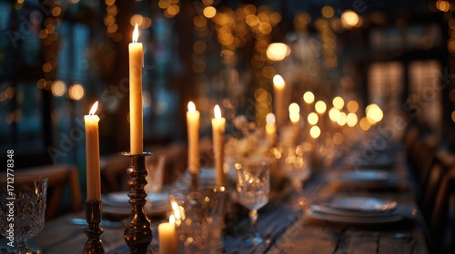 Elegant Candlelit Dinner Table Setting with Crystal Glasses and Bokeh Lights