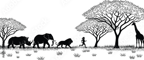 Photography Black and white African savanna silhouette with rhino, elephant, lion, giraffe,