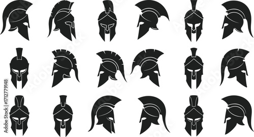 Collection of Spartan helmets in various poses and angles black silhouette icons warrior ancient