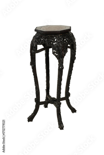 Elegant Black Carved Wood Pedestal Plant Stand PNG