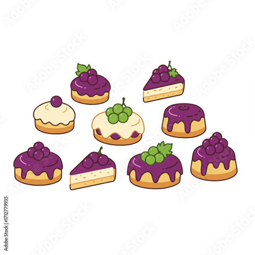 Delicious grape cakes and pastries artfully arranged for sweet celebration and bakery delight