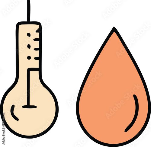 Simple hand drawn icons representing medical concepts like a syringe and a blood drop for healthcare and science themes