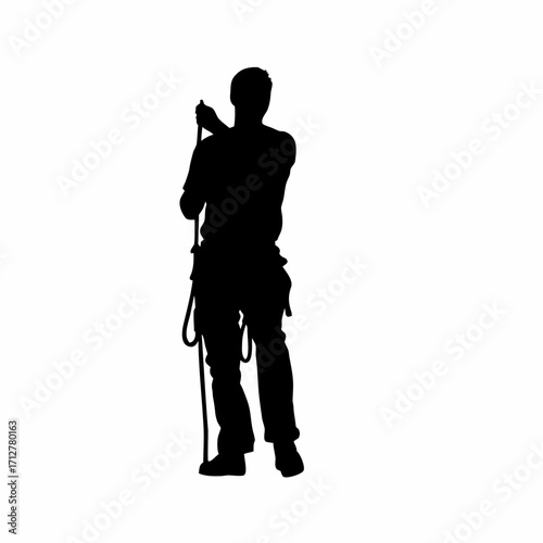 Roofing worker silhouette securing safety rope isolated on white background
